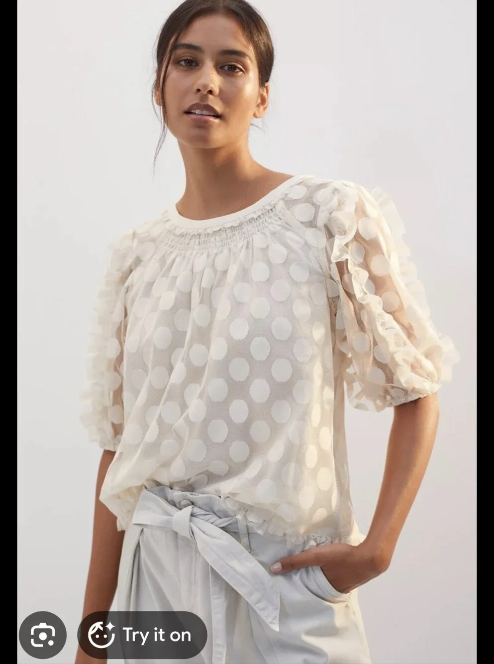 Anthropologie Mesh Tulle Lace Puff Sleeve Polkadot Blouse sz M Ivory Chic Whimsy
